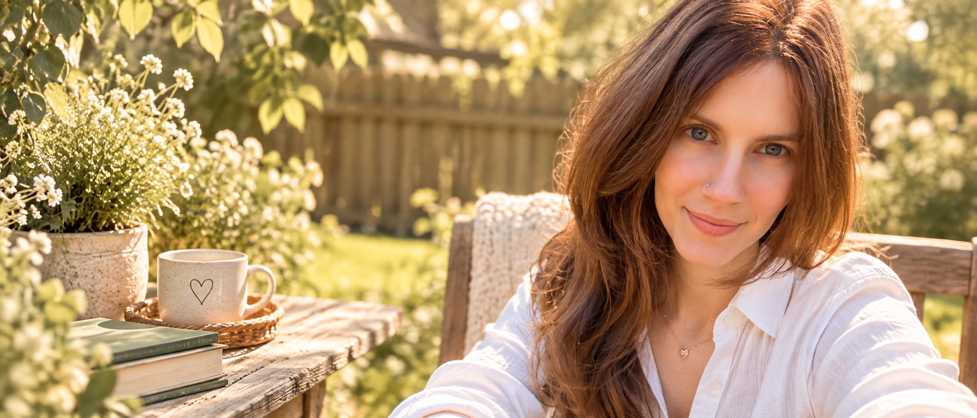 Michelle Alayne in a white blouse, seated in a sunlit garden