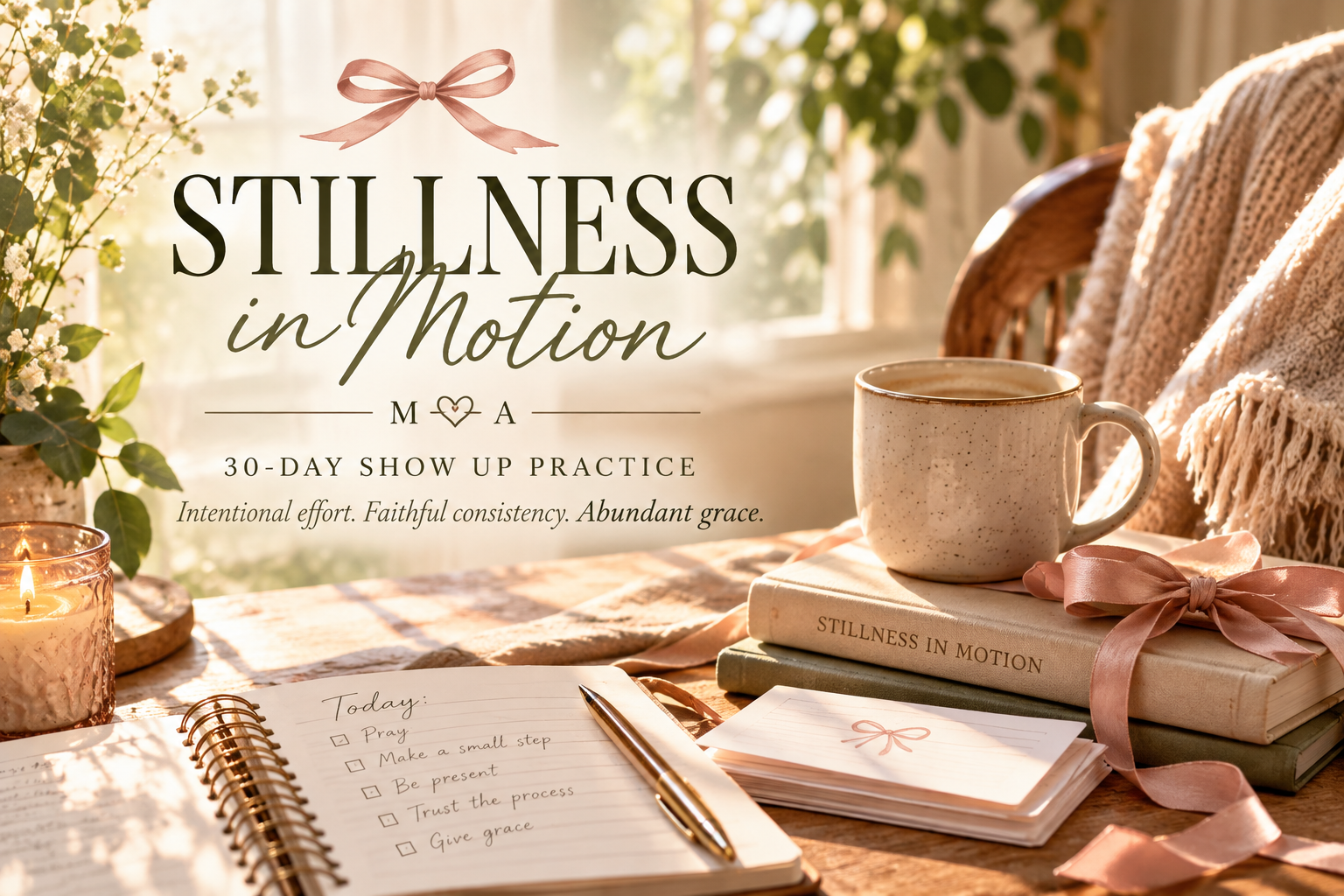 Stillness in Motion workspace: sunlit journal with a daily checklist, coffee, candle, and books tied with a dusty rose ribbon